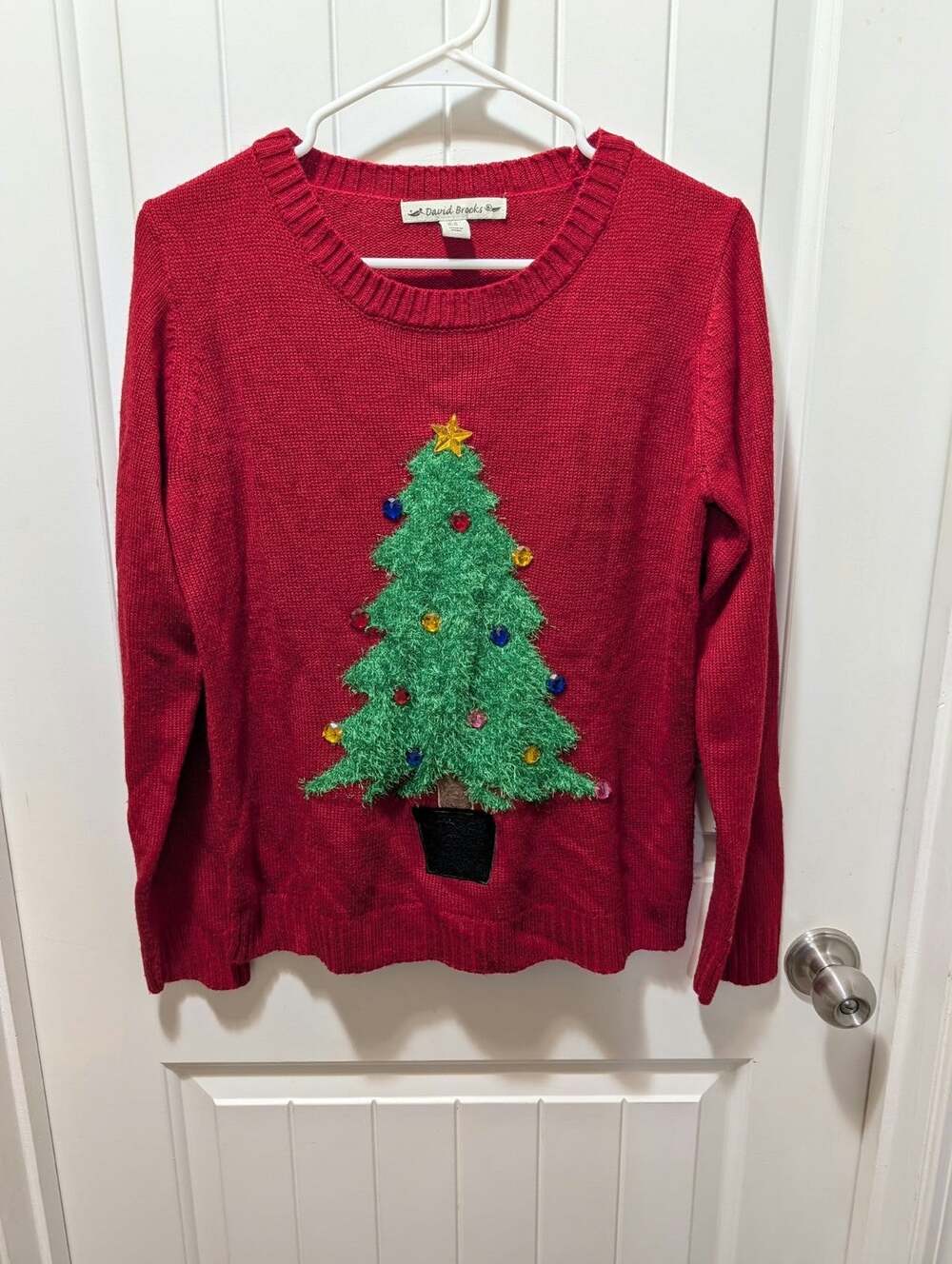 David Brooks Red Ugly Christmas Sweater Xmas Tree Embellished Ornaments Womens M